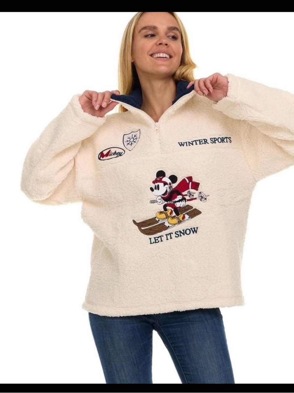 NWT Disney Cream Sherpa 1/4 Zip Pullover Skiing Mickey Graphic, Long Sleeves